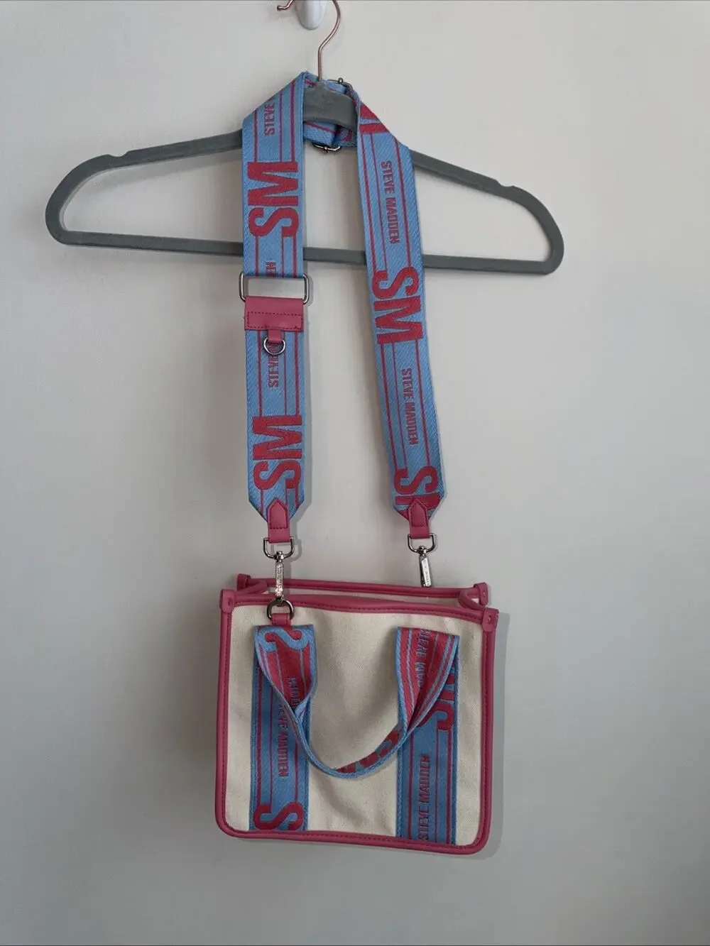 Steve Madden Cream Pink Blue Tik Tok Canvas Tote Bag Crossbody Purse BWEBBER